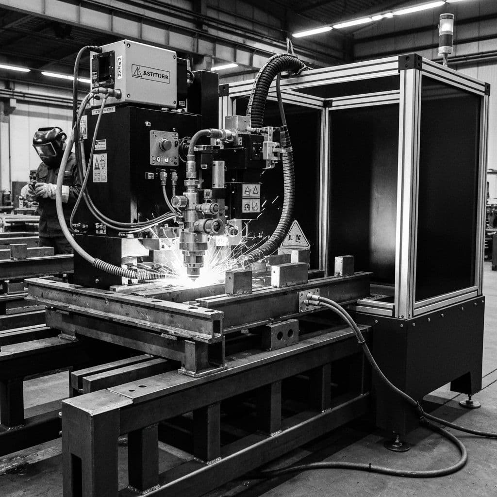 Industrial laser welding station for metal panel fabrication